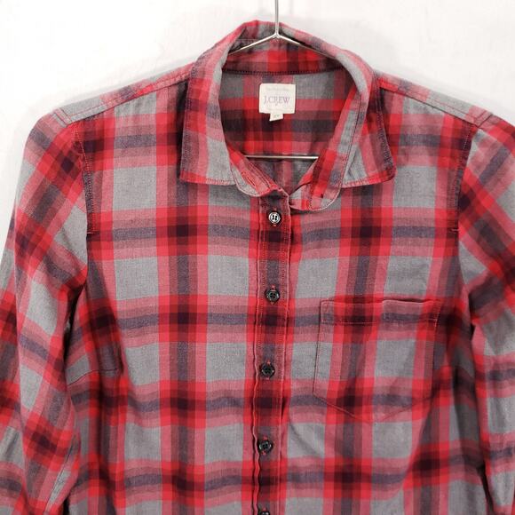 J CREW Flannel Womens Extra Small Red Gray Plaid Long Sleeve Button Up Shirt Top - Picture 2 of 7